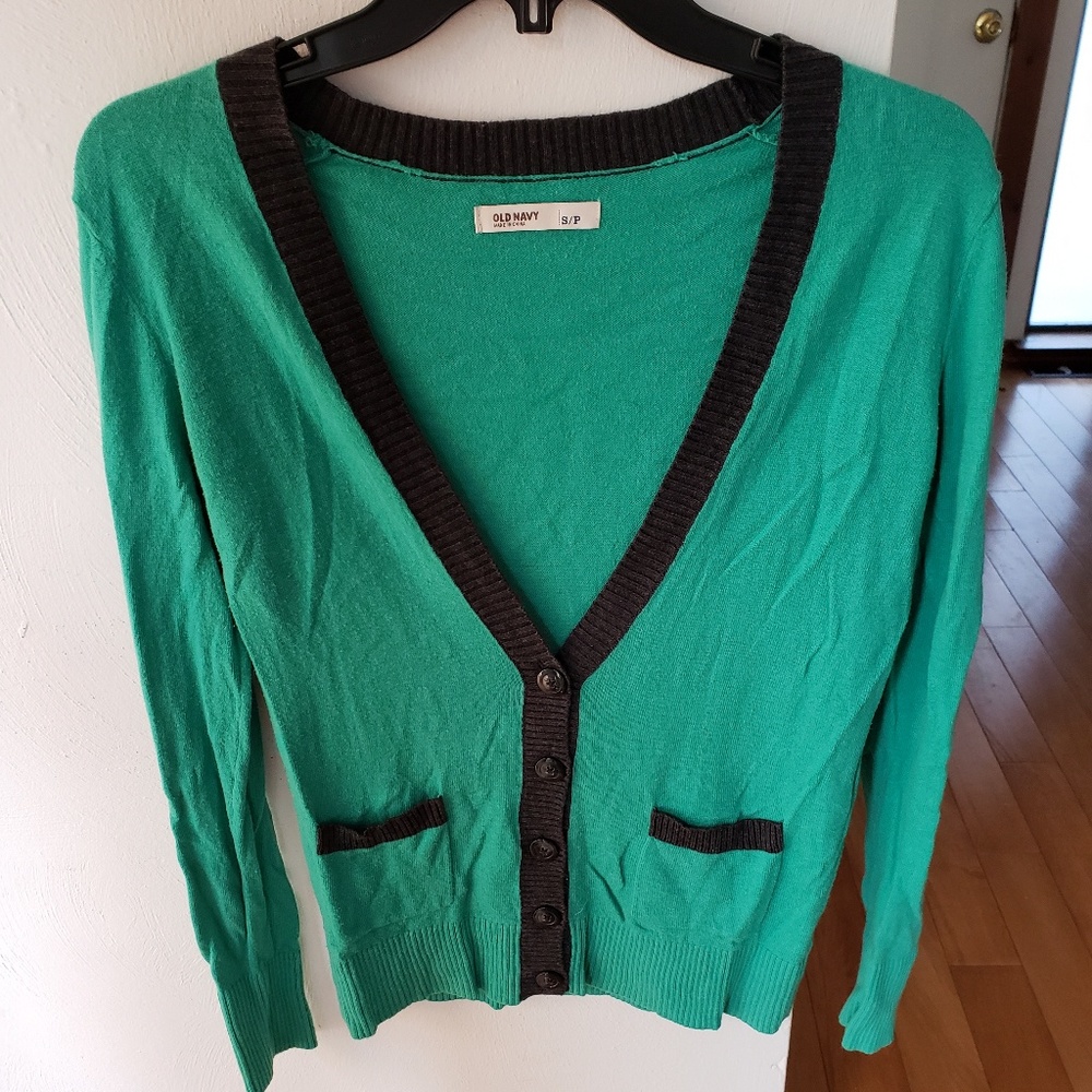 Long cardigan. Small. Green with grey trim.